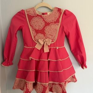 Girls Pink Lace-Trim Tiered Dress with Bow